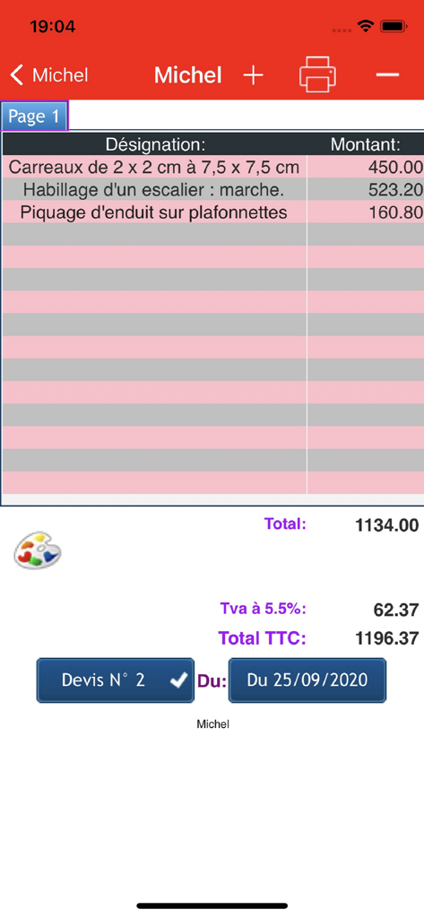 Mobile interface of the Devis et Facture app displaying a detailed construction estimate with itemized costs in French