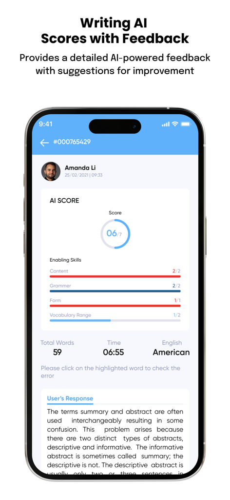 PTE Practice & Tests - AlfaPTE - AlfaPTE app interface showing a writing AI score report with feedback on content, grammar, and vocabulary.