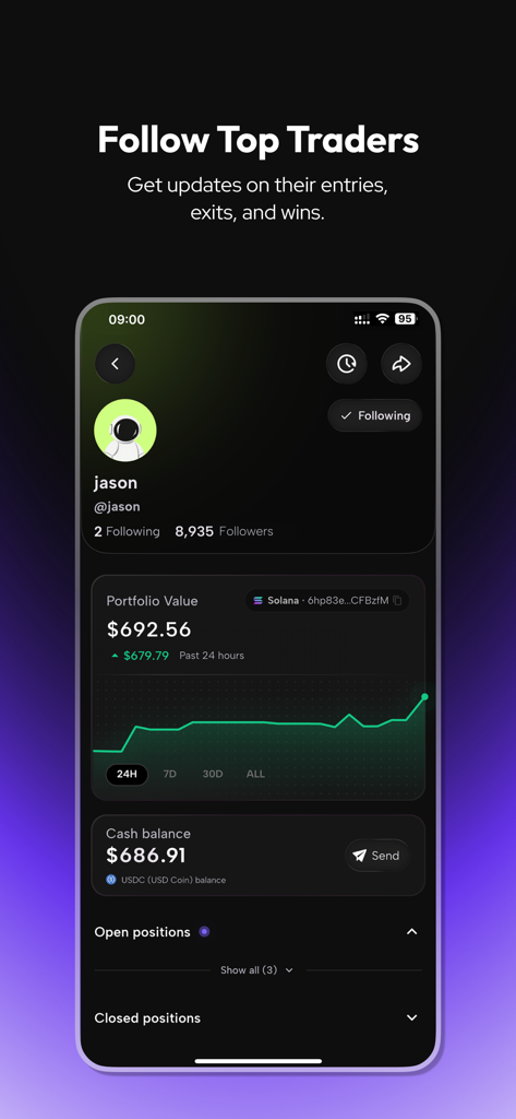 MoonRush: Social Trading - MoonRush app screen showing a trader profile with portfolio value and performance history