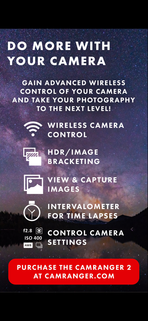 Écran promotionnel pour l'application CamRanger 2 montrant les fonctionnalités avancées de contrôle d'appareil photo sans fil et le bracketing HDR