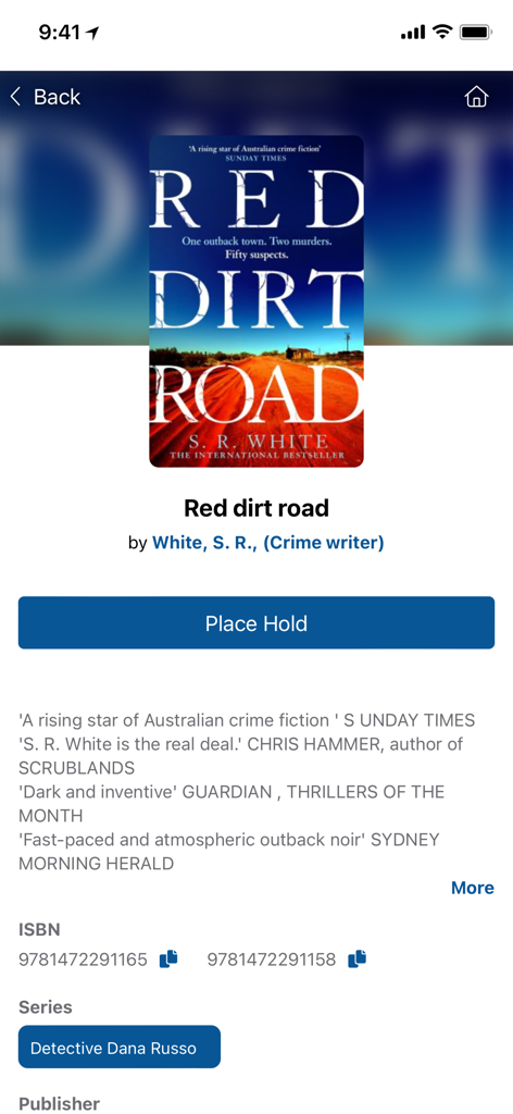 Whitehorse Manningham Library app screen showing book details and place hold button for the novel Red Dirt Road
