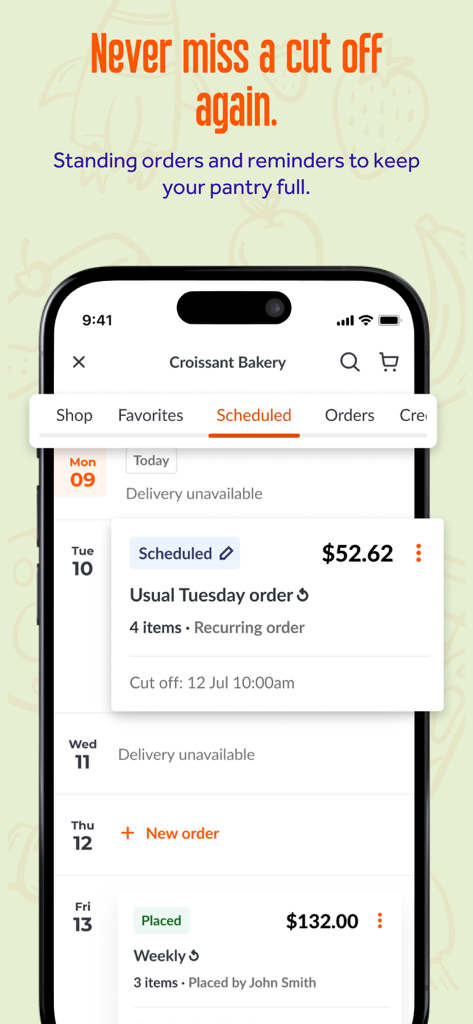 Ordermentum app interface showing scheduled and recurring wholesale orders with cut-off reminders