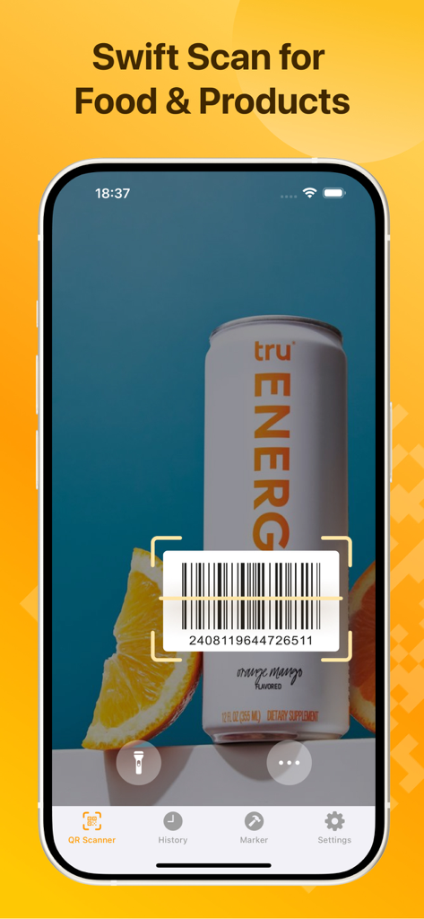 QR Code Scanner: QR Reader - Interfaz de la aplicación QR Code Scanner mostrando un escaneo rápido de un código de barras en un envase de producto