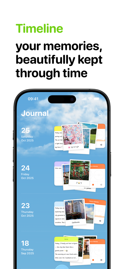Ben Journal Digital Diary - Una línea de tiempo de diario digital que muestra recuerdos diarios con fotos y notas sobre un fondo de cielo azul