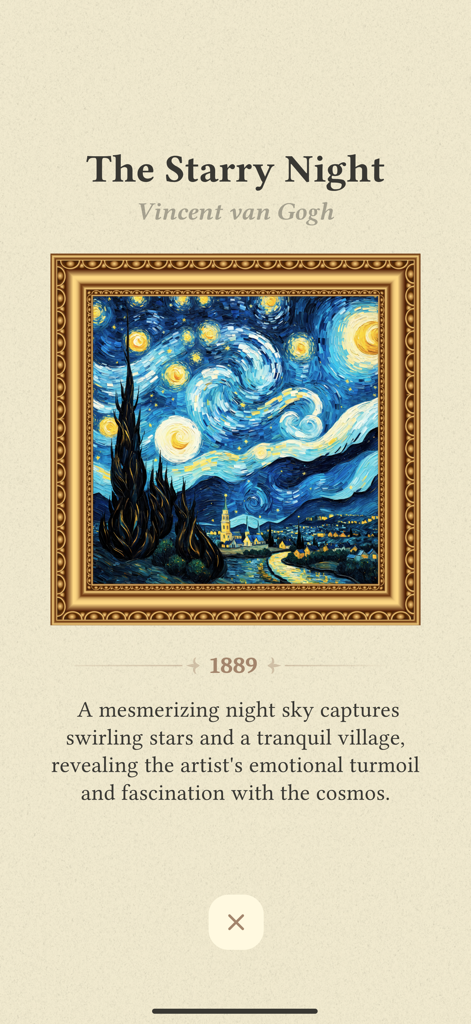 The Starry Night by Vincent van Gogh displayed as a collectible masterpiece in the Word Master app