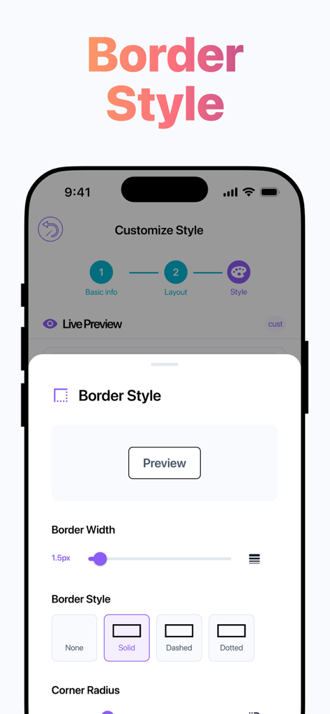 Layout for Instagram + - Interfaz que muestra la configuración del estilo del borde con opciones de ancho, estilo y radio de las esquinas en la aplicación de creación de collages