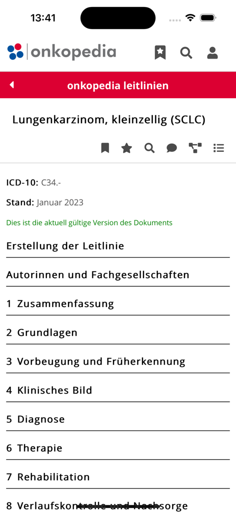 Onkopedia Leitlinienportal - Mobile Ansicht der Onkopedia Leitlinienportal-App mit strukturierten klinischen Leitlinien für kleinzelligen Lungenkrebs.