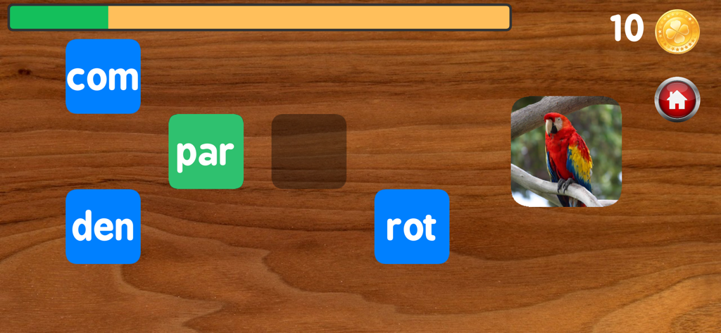 Writing with syllables - Pantalla de juego educativo que muestra una imagen de un loro y fichas de sílabas para componer la palabra.