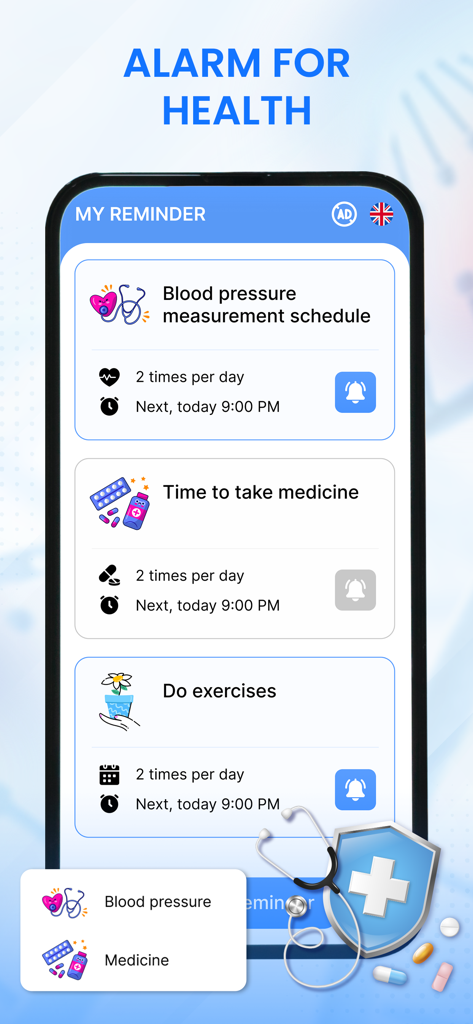 BMP: Blood Pressure Tracker - Interfaz de la aplicación BMP que muestra recordatorios de salud programados para controles de presión arterial, medicación y ejercicio diario.