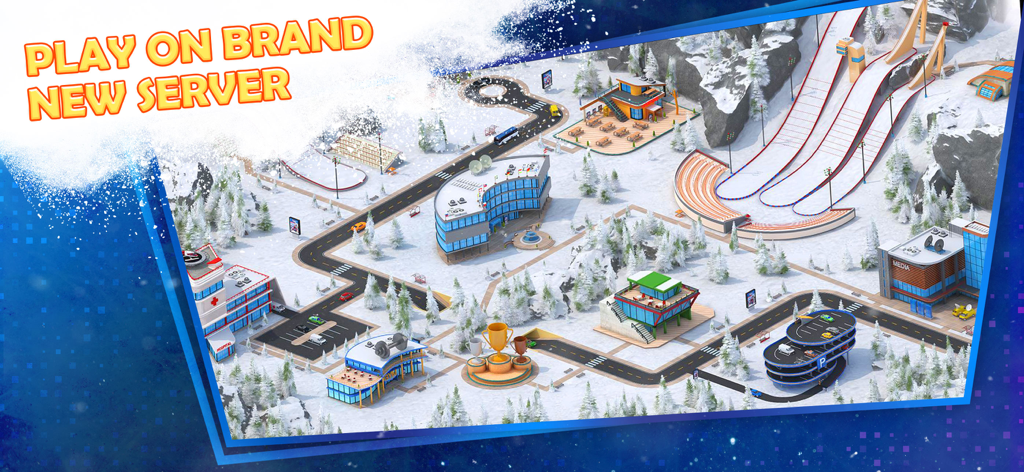 Ski Jump Mania 3 s2 - Aerial view of the ski jump training facility and resort in Ski Jump Mania 3 s2 with brand new server text