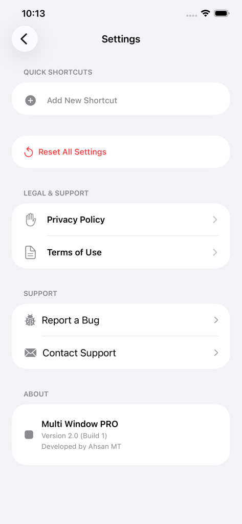 Multi Window PRO - Settings menu of the Multi Window PRO app showing options for quick shortcuts, support, and legal information.