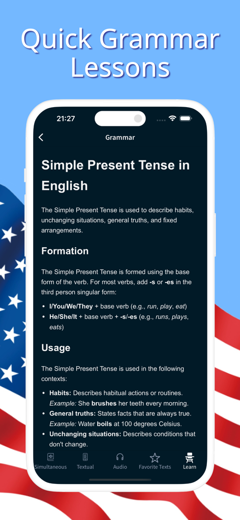 Quick grammar lesson about simple present tense in the English reading and audio books app