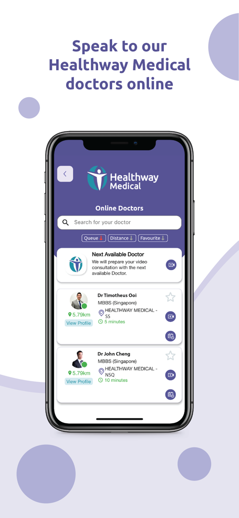 Healthway Medicalアプリのインターフェース。オンライン相談可能な医師のリストが表示されています。