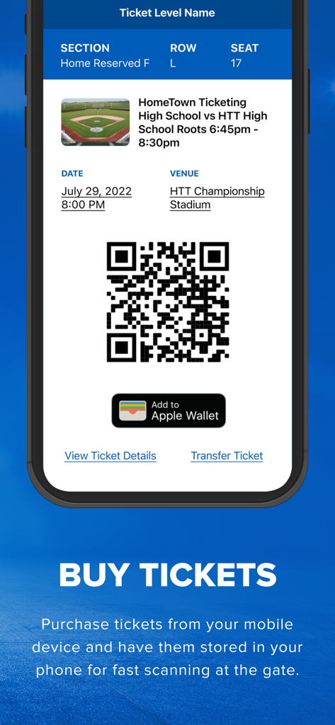 Hometown Fan - A digital ticket for a high school game on a mobile screen featuring a QR code and an add to Apple Wallet button