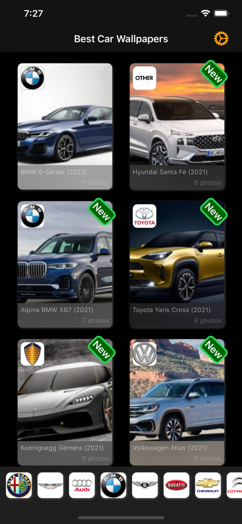 Best Car Wallpapers - All Cars - Screenshot der Beste Auto-Hintergründe App, die ein Raster verschiedener Automodelle wie BMW, Hyundai und Toyota mit einem Markenauswahlfeld unten zeigt.