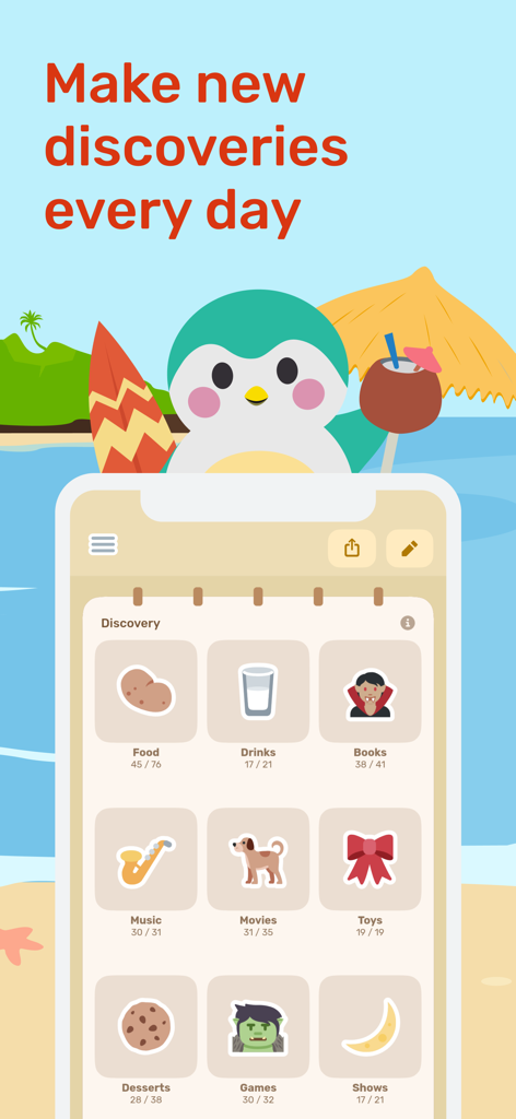 Interface of the Finch app discovery journal showing categories like food, movies, and music with a cute bird mascot on a beach background.