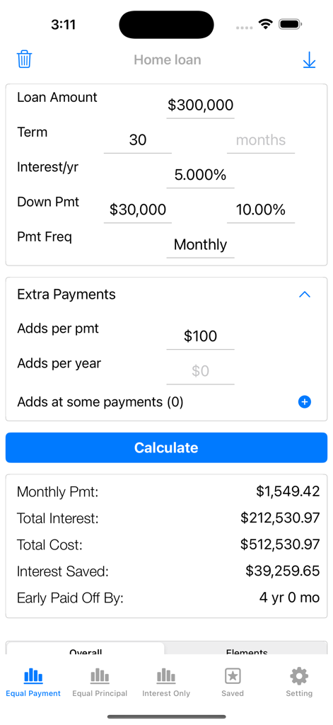 Loan Calculator - Home Payment - Tela de um aplicativo de calculadora de financiamento mostrando previsão de pagamento mensal e economia de juros de pagamentos extras