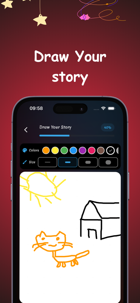 Dreamland: Create Kids Stories - Interface do aplicativo Dreamland mostrando o recurso Desenhe Sua História com o esboço de um gato e uma casa feito por uma criança