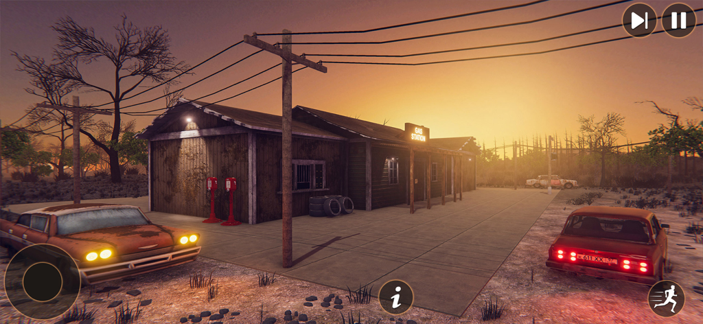 Exterior view of a rustic gas station in a junkyard at sunset with vintage cars