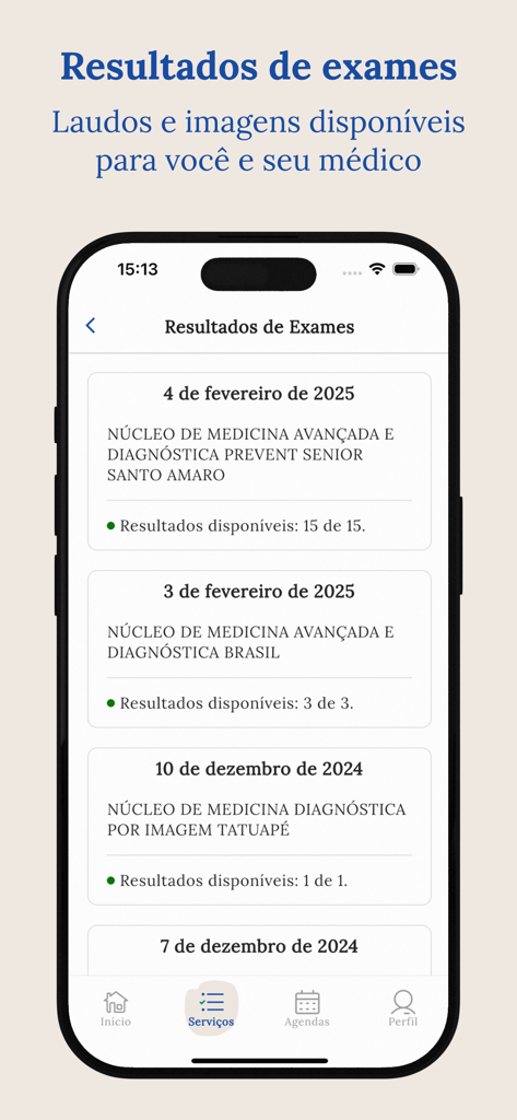 Pantalla de lista de resultados de exámenes en la app móvil Prevent Senior mostrando fechas y ubicaciones de centros médicos
