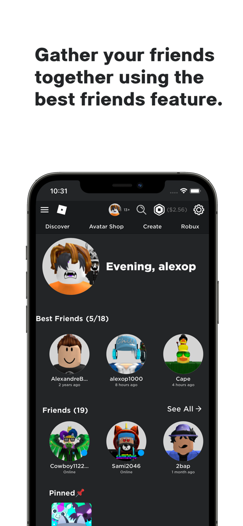 Captura de pantalla de la aplicación RoGold mostrando la función de lista de Mejores Amigos para Roblox en un dispositivo móvil.
