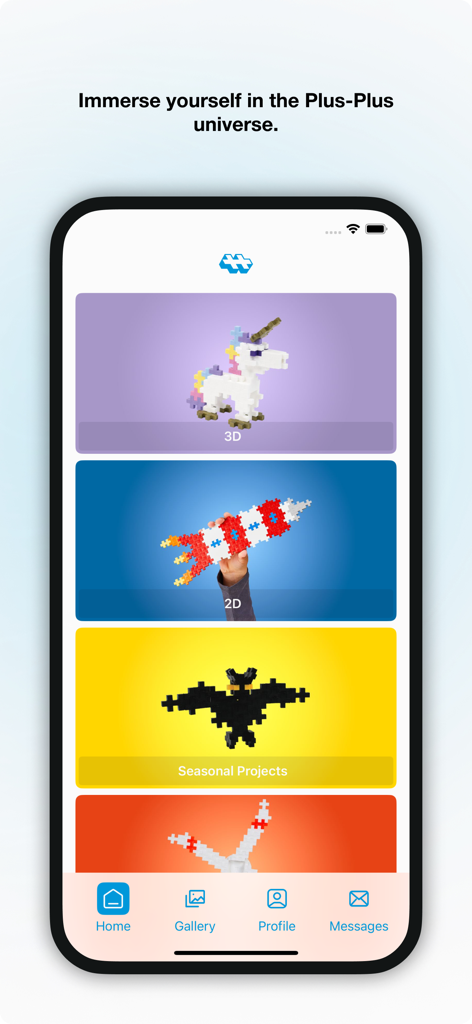 Plus-Plus - Guides & Ideas - Plus-Plus app home screen showing categories for 3D and 2D building projects
