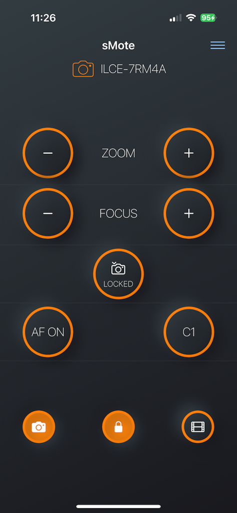 sMote - for Sony cameras - Remote control interface of the sMote app for Sony cameras showing zoom focus and shutter settings