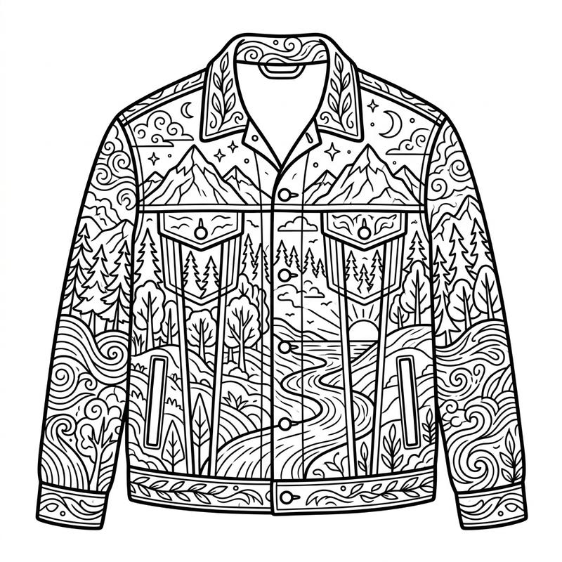 Embark on a creative journey with this unique coloring page featuring a denim jacket adorned with a breathtaking nature landscape. Perfect for nature lovers and fashion enthusiasts alike, this intricate design promises hours of relaxing coloring.