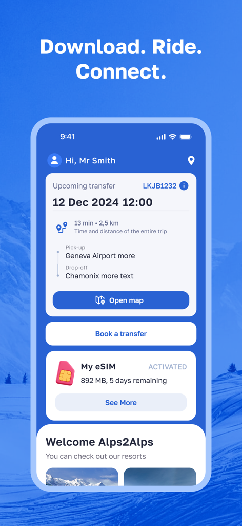 Alps2Alps App-Bildschirm mit einem bevorstehenden Ski-Transfer vom Flughafen Genf nach Chamonix mit Buchungsdetails und eSIM-Status.