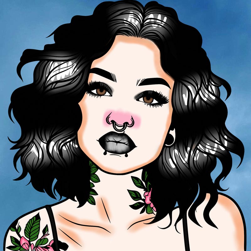 realistic woman with septum piercing and wavy hair and tattoos