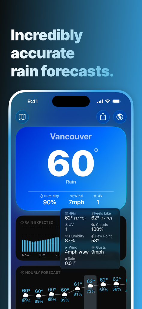 Mercury Weather app interface displaying a detailed rain forecast and hourly weather charts for Vancouver.