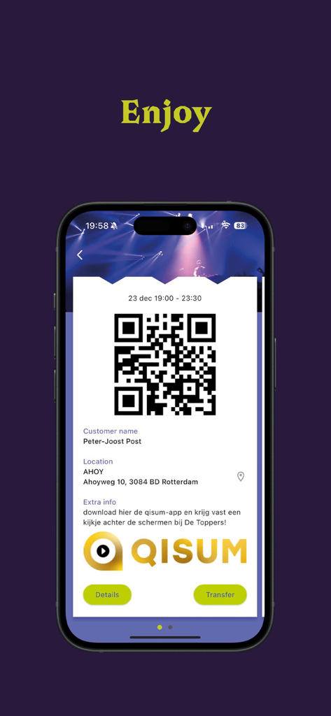 Ticketkeeper mobile app screen showing a digital event ticket with a QR code and transfer options