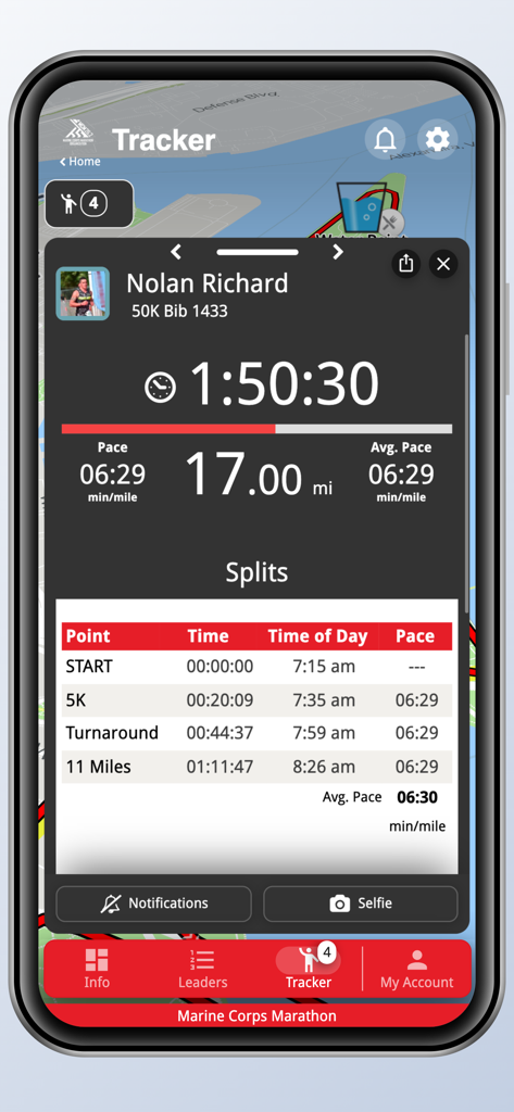 MCM Organization - Live runner tracking dashboard in the Marine Corps Marathon Organization app showing time distance and pace