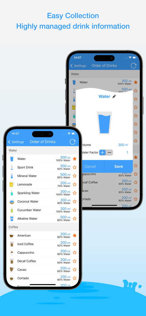 Daily Water Pro - Interface of Daily Water Pro showing a list of customizable drink options and hydration factors.