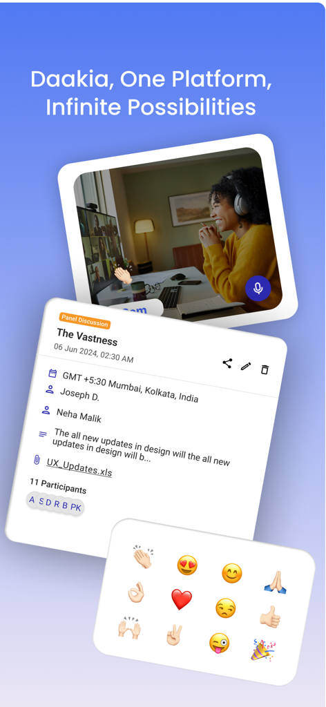 Daakia: Meetings & Webinar - Interface of Daakia video meeting app showing a woman in a video call, session details, and reaction emojis.