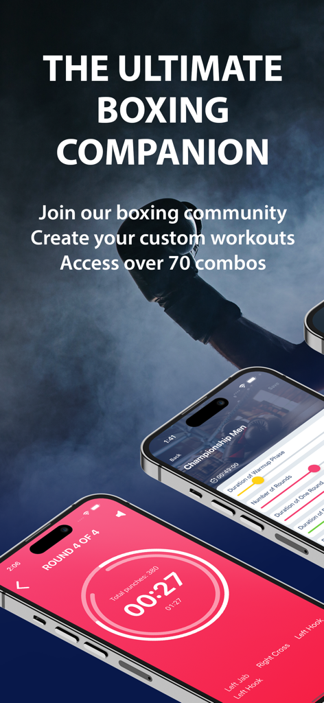 Boxing Coach Workout Timer - Boxing Coach Workout Timer app display showing a round timer and customization settings with a boxing glove in the background