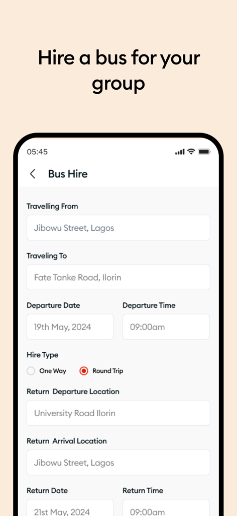 Group bus hire booking form on the GIG Mobility app interface