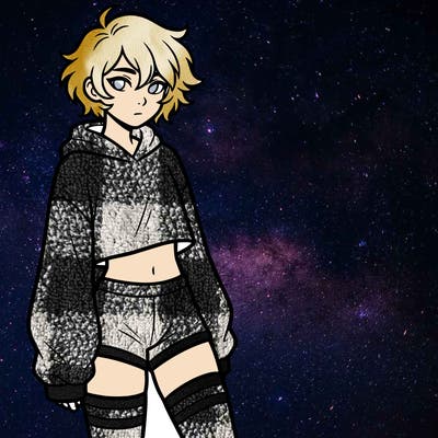 femboy with short hair wearing thigh highs and baggy crop top