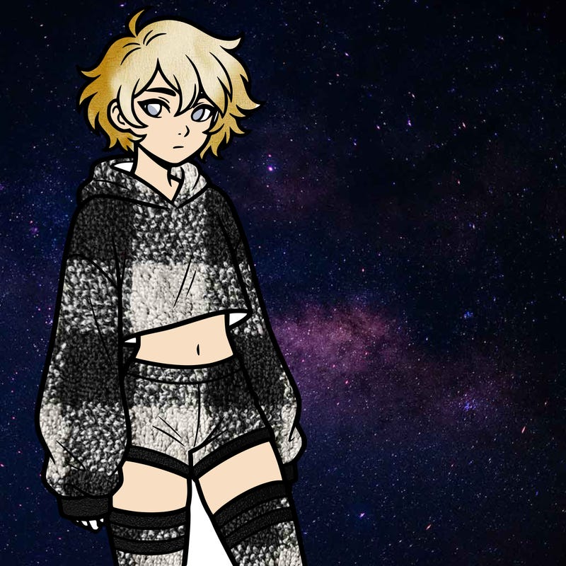 femboy with short hair wearing thigh highs and baggy crop top