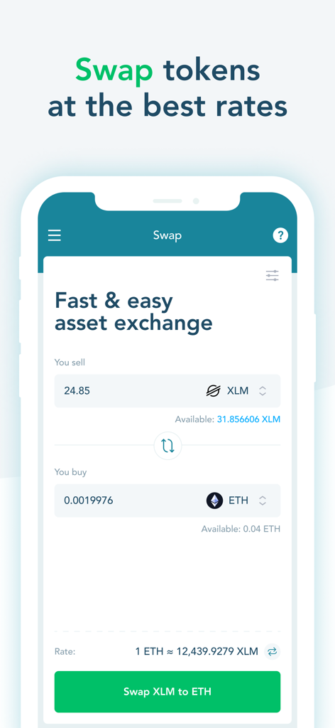 LOBSTR Wallet App-Bildschirm zum Swappen von Stellar XLM gegen Ethereum ETH