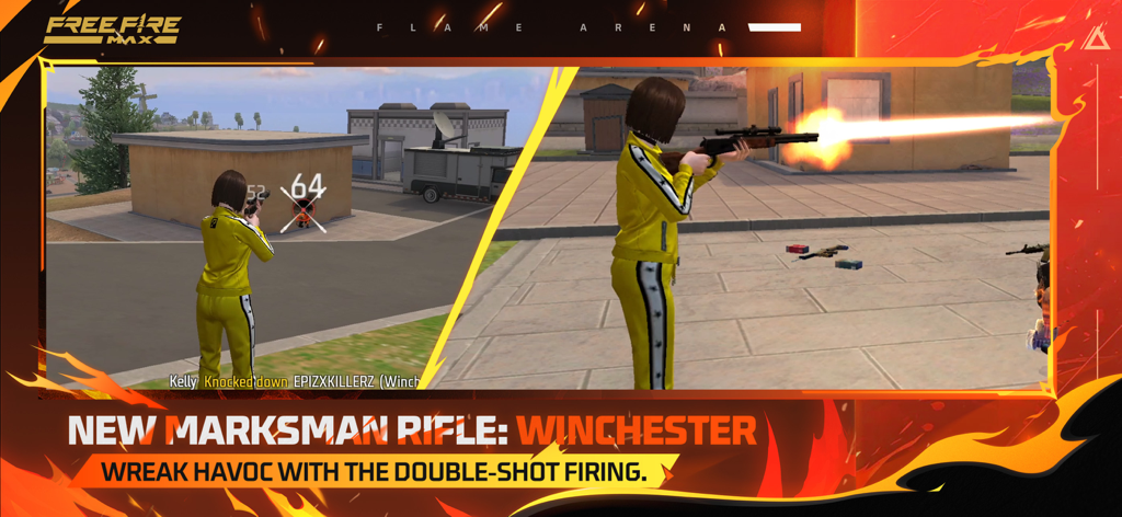 Un personnage en survêtement jaune tire avec le nouveau fusil de précision Winchester dans Free Fire MAX