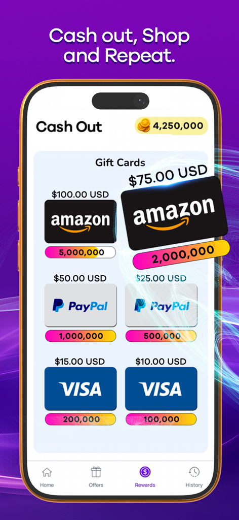 Playful Rewards app cash out screen showing Amazon PayPal and Visa gift card reward options with point requirements