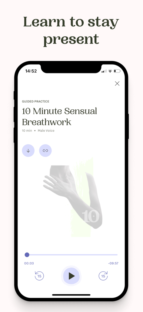 Ferly: Intimacy & Relationship - Smartphone screen displaying the Ferly app interface for a ten minute sensual breathwork guided practice session.