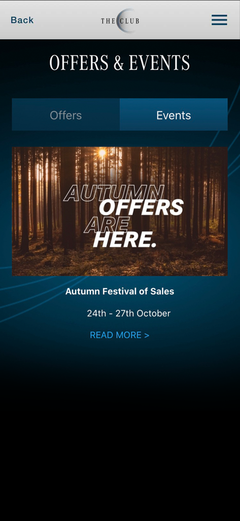 Sytner Mercedes-Benz Club - Pantalla de la aplicación Sytner Mercedes-Benz Club que muestra un evento de Festival de Ventas de Otoño con un fondo de bosque.