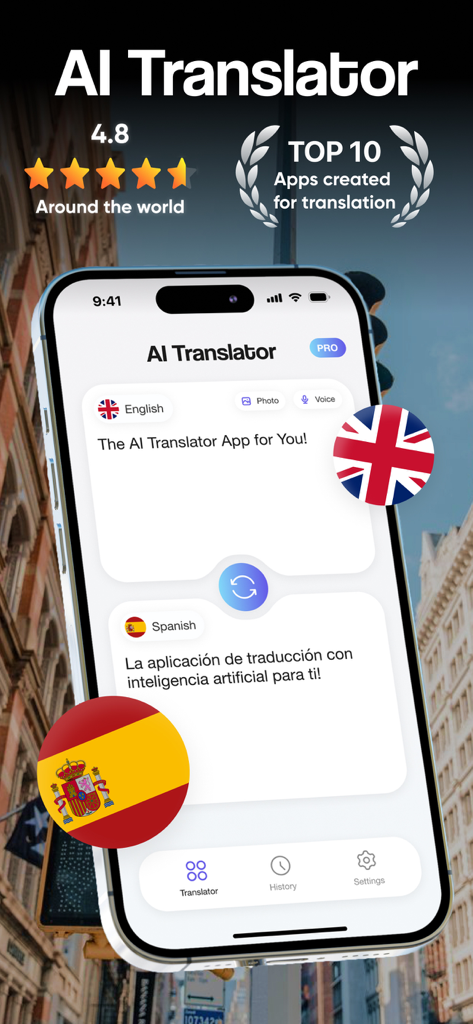 AI Language Translator Pro - Interfaz de la aplicación Traductor de Idiomas AI Pro en un iPhone que muestra traducción de texto de inglés a español con una calificación de cuatro punto ocho estrellas
