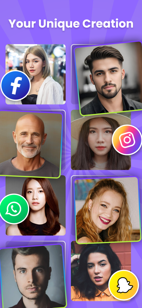 AI Bald Camera Photo Editor - Une grille de portraits présentant des créations uniques avec des icônes de partage sur les réseaux sociaux pour Instagram, Snapchat et Facebook