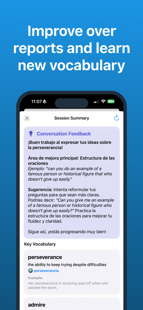 Flowo AI app interface displaying a session summary with conversation feedback in Spanish and key vocabulary definitions