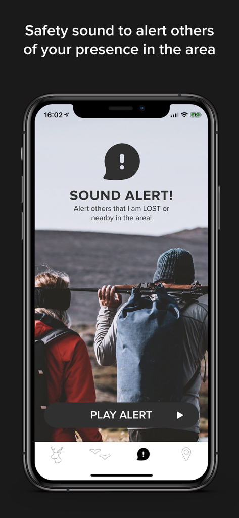Game Calls NZ - Game Calls NZ mobile app interface featuring a sound alert safety tool to notify others in the hunting area.