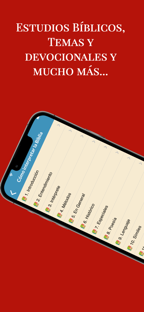 Mobile screen showing Bible study and interpretation topics in Spanish