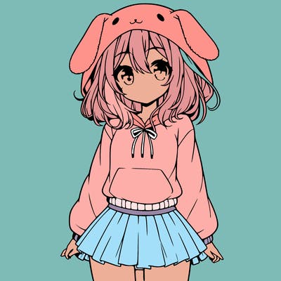 pretty anime girl wearing a fluffy hoodie with bunny ears on the hood and a skirt